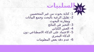 ‫السلبيات‬
1
‫المتخصيين‬ ‫غير‬ ‫من‬ ‫بحوث‬ ‫كتابة‬ -
2
‫البيانات‬ ‫وجمع‬ ‫بالبحث‬ ‫الرغبة‬ ‫تقليل‬ -
‫البحوث‬ ‫ومقارنة‬
3
‫النتائج‬ ‫في‬ ‫التحيز‬ -
4
‫الكتابي‬ ‫الغش‬ -
5
‫دون‬ ‫االصطناعي‬ ‫الذكاء‬ ‫على‬ ‫االعتماد‬ -
‫البشري‬ ‫الذكاء‬
6
‫المعلومات‬ ‫بعض‬ ‫دقة‬ ‫عدم‬ -
AI
 