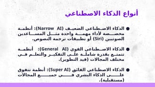 ‫االصطناعي‬ ‫الذكاء‬ ‫أنواع‬
●
‫ف‬ ‫الضعي‬ ‫طناعي‬ ‫االص‬ ‫الذكاء‬
(
Narrow AI
‫ة‬ ‫أنظم‬ :)
‫اعدين‬ ‫المس‬ ‫ل‬ ‫مث‬ ‫واحدة‬ ‫ة‬ ‫مهم‬ ‫ألداء‬ ‫صة‬ ‫مخص‬
( ‫الصوتيين‬
Siri
.‫النصوص‬ ‫ترجمة‬ ‫تطبيقات‬ ‫أو‬ )
●
( ‫القوي‬ ‫طناعي‬ ‫االص‬ ‫الذكاء‬
General AI
‫ة‬ ‫أنظم‬ :)
‫ي‬ ‫ف‬ ‫م‬ ‫والتعل‬ ‫ر‬ ‫التفكي‬ ‫ى‬ ‫عل‬ ‫ة‬ ‫شامل‬ ‫بقدرة‬ ‫ع‬ ‫تتمت‬
.)‫التطوير‬ ‫(قيد‬ ‫المجاالت‬ ‫مختلف‬
●
( ‫الفائق‬ ‫االصطناعي‬ ‫الذكاء‬
Super AI
‫تتفوق‬ ‫أنظمة‬ :)
‫المجاالت‬ ‫ع‬ ‫جمي‬ ‫ي‬ ‫ف‬ ‫البشري‬ ‫الذكاء‬ ‫ى‬ ‫عل‬
.)‫(مستقبلية‬
 