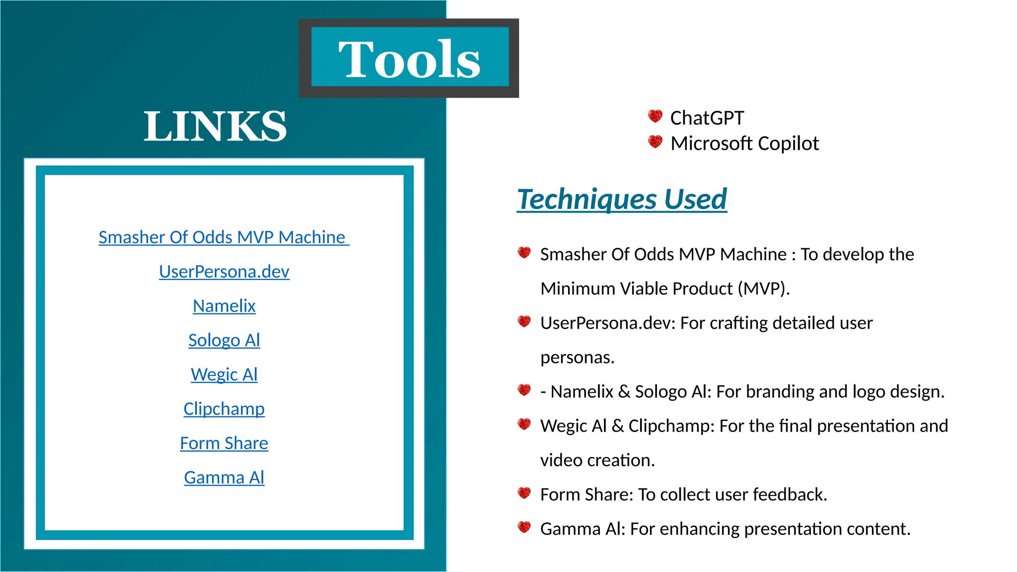 Tools
Techniques Used
ChatGPT
Microsoft Copilot
Smasher Of Odds MVP Machine : To develop the
Minimum Viable Product (MVP).
UserPersona.dev: For crafting detailed user
personas.
- Namelix & Sologo Al: For branding and logo design.
Wegic Al & Clipchamp: For the final presentation and
video creation.
Form Share: To collect user feedback.
Gamma Al: For enhancing presentation content.
LINKS
Smasher Of Odds MVP Machine
UserPersona.dev
Namelix
Sologo Al
Wegic Al
Clipchamp
Form Share
Gamma Al
 