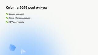 Клієнт в 2025 році очікує:
✅ Швидкі відповіді
✅ (Гіпер-)Персоналізацію
✅ 24/7 доступність
 