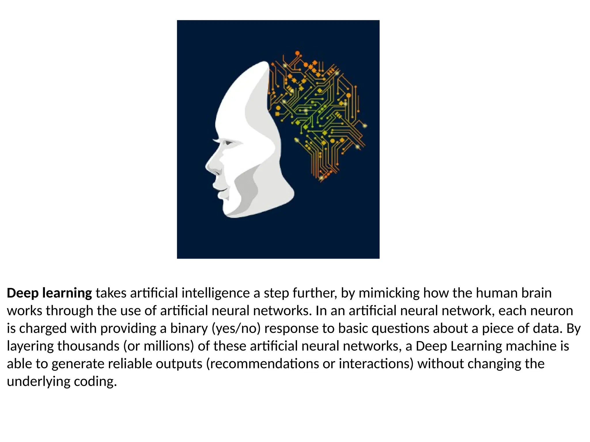 Deep learning takes artificial intelligence a step further, by mimicking how the human brain
works through the use of artificial neural networks. In an artificial neural network, each neuron
is charged with providing a binary (yes/no) response to basic questions about a piece of data. By
layering thousands (or millions) of these artificial neural networks, a Deep Learning machine is
able to generate reliable outputs (recommendations or interactions) without changing the
underlying coding.
 
