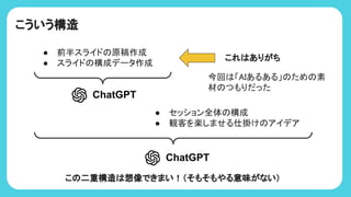 こういう構造
● セッション全体 構成
● 観客を楽しませる仕掛け アイデア
● 前半スライド 原稿作成
● スライド 構成データ作成
これ ありがち
こ 二重構造 想像できまい！（そもそもやる意味がない）
今回 「AIあるある」 ため 素
材 つもりだった
 