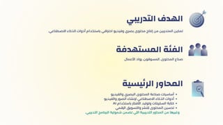 ‫اﻟﺘﺪرﻳﺒي‬ ‫اﻟﻬﺪف‬
‫اﻷﻋﻤال‬ ‫رواد‬ ،‫اﻟﻤﺴﻮﻗﻮن‬ ،‫اﻟﻤﺤﺘﻮى‬ ‫ﺻﻨﺎع‬
‫اﻟﻤﺴﺘﻬﺪﻓة‬ ‫اﻟﻔﺌﺔ‬
‫واﻟﻔﻴﺪﻳﻮ‬ ‫اﻟﺒﺼﺮي‬ ‫اﻟﻤﺤﺘﻮى‬ ‫ﺻﻨﺎﻋﺔ‬ ‫أﺳﺎﺳﻴﺎت‬
‫واﻟﻔﻴﺪﻳﻮ‬ ‫اﻟﺼﻮر‬ ‫ﻹﻧﺸﺎء‬ ‫اﻻﺻﻄﻨﺎﻋﻲ‬ ‫اﻟﺬﻛﺎء‬ ‫أدوات‬
AI ‫ﺑﺎﺳﺘﺨﺪام‬ ‫اﻷﻓﻜﺎر‬ ‫وﺗﻮﻟﻴﺪ‬ ‫اﻟﺴﻜﺮﺑﺘﺎت‬ ‫ﻛﺘﺎﺑﺔ‬
‫اﻟﺮﻗﻤﻲ‬ ‫واﻟﺘﺴﻮﻳﻖ‬ ‫ﻟﻠﻨﺸﺮ‬ ‫اﻟﻤﺤﺘﻮى‬ ‫ﺗﺤﺴﻴﻦ‬
.‫اﻟﺘﺪرﻳﺒﻲ‬ ‫اﻟﺒﺮﻧﺎﻣﺞ‬ ‫ﺷﻤﻮﻟﻴﺔ‬ ‫ﺗﻀﻤﻦ‬ ‫اﻟﻠﻲ‬ ‫اﻟﺘﺪرﻳﺒﻴﺔ‬ ‫اﻟﻤﺤﺎور‬ ‫ﻣﻦ‬ ‫وﻏﻴﺮﻫﺎ‬
‫ﻴﺴﻴة‬‫ﺋ‬‫اﻟﺮ‬ ‫اﻟﻤﺤﺎور‬
.‫اﻻﺻﻄﻨﺎﻋي‬ ‫اﻟﺬﻛﺎء‬ ‫أدوات‬ ‫ﺑﺎﺳﺘﺨﺪام‬ ‫اﺣﺘﺮاﻓﻲ‬ ‫وﻓﻴﺪﻳﻮ‬ ‫ﺑﺼﺮي‬ ‫ﻣﺤﺘﻮى‬ ‫إﻧﺘﺎج‬ ‫ﻣﻦ‬ ‫اﻟﻤﺘﺪرﺑﻴﻦ‬ ‫ﺗﻤﻜﻴﻦ‬
 