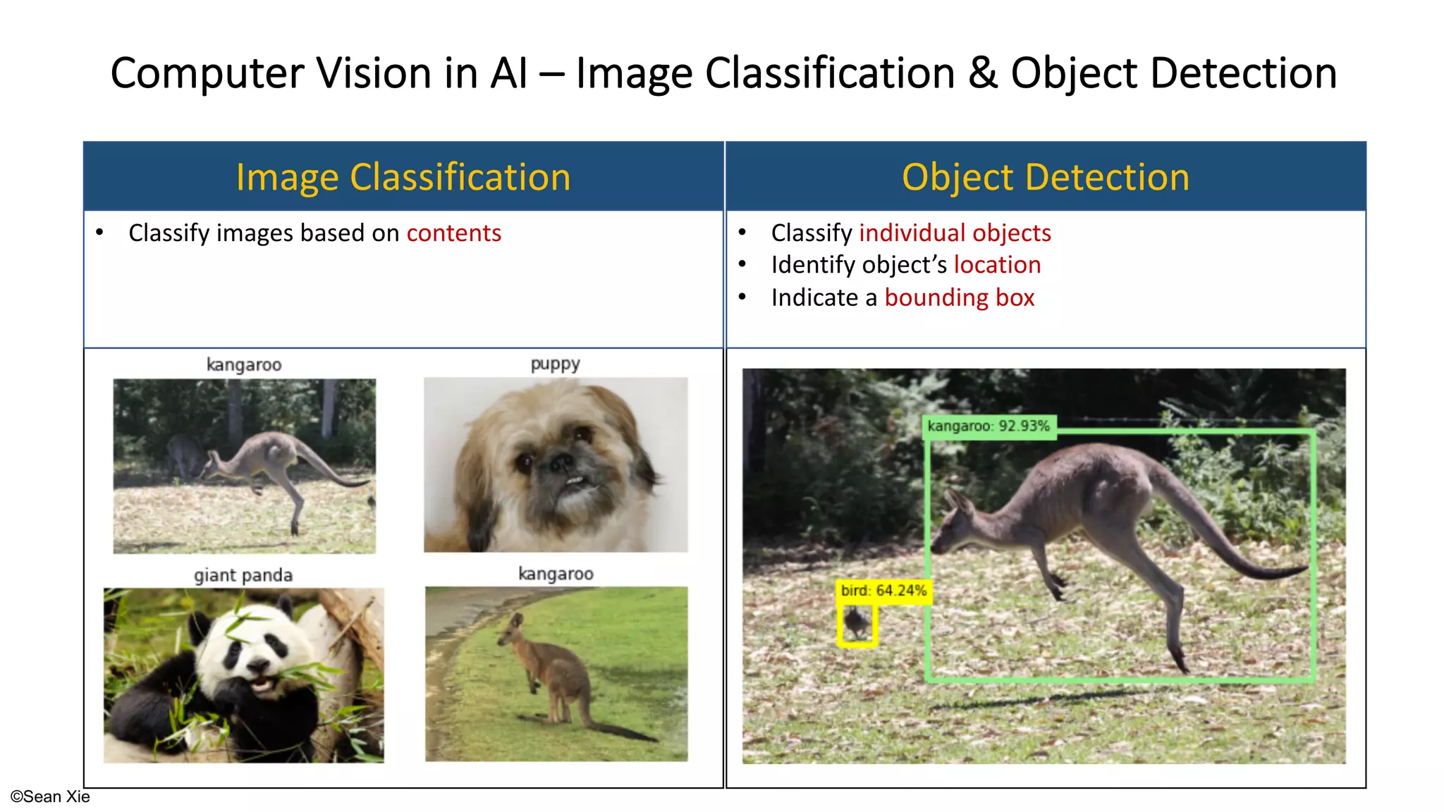 ©Sean Xie
Computer Vision in AI – Image Classification & Object Detection
Image Classification Object Detection
• Classify images based on contents • Classify individual objects
• Identify object’s location
• Indicate a bounding box
 