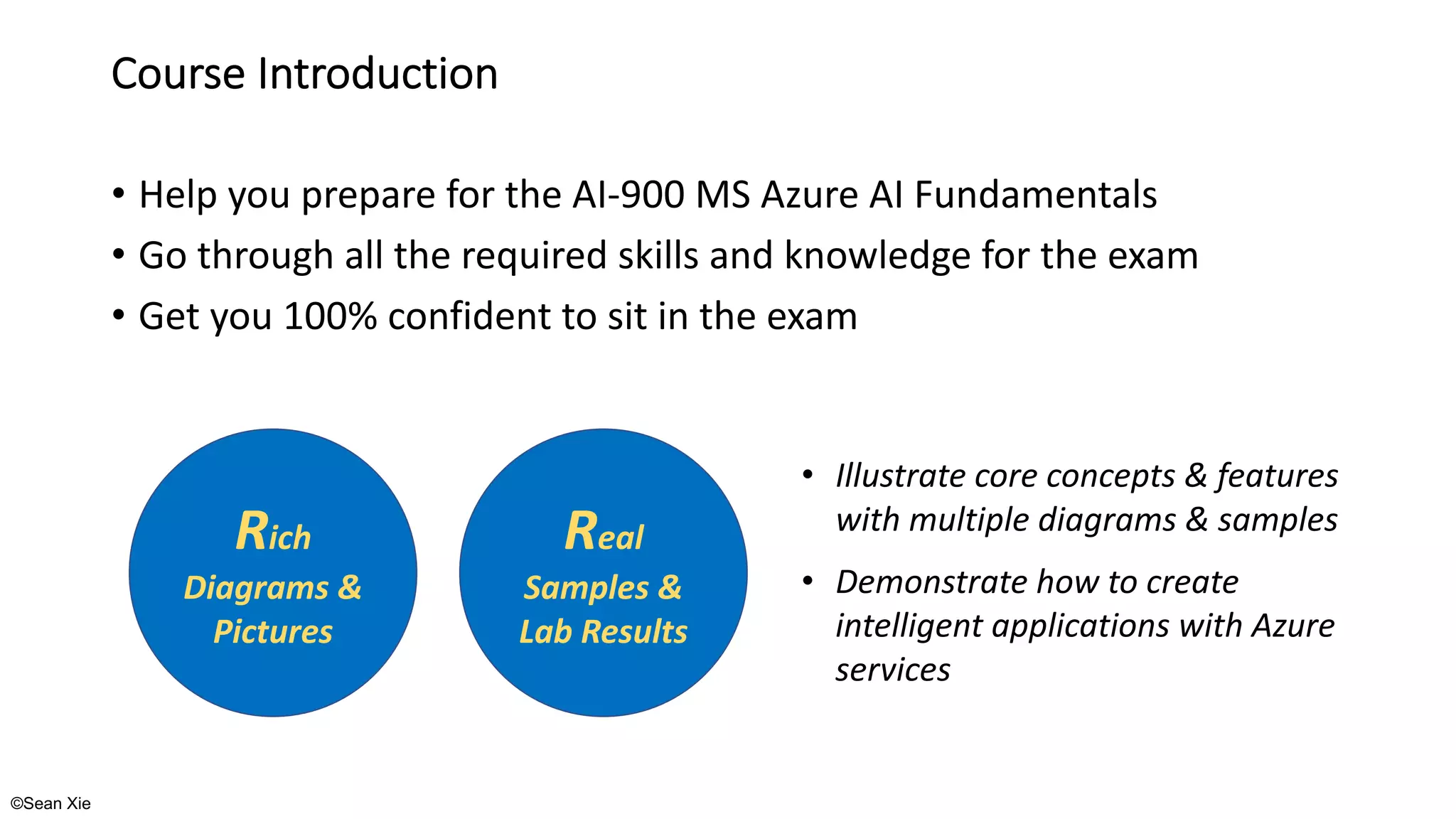 ©Sean Xie
Course Introduction
• Help you prepare for the AI-900 MS Azure AI Fundamentals
• Go through all the required skills and knowledge for the exam
• Get you 100% confident to sit in the exam
Rich
Diagrams &
Pictures
Real
Samples &
Lab Results
• Illustrate core concepts & features
with multiple diagrams & samples
• Demonstrate how to create
intelligent applications with Azure
services
 