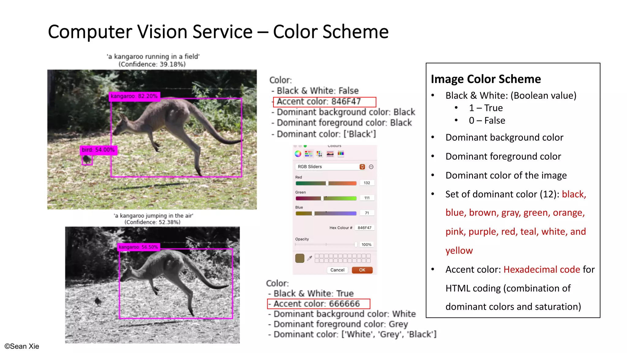 ©Sean Xie
Computer Vision Service – Color Scheme
Image Color Scheme
• Black & White: (Boolean value)
• 1 – True
• 0 – False
• Dominant background color
• Dominant foreground color
• Dominant color of the image
• Set of dominant color (12): black,
blue, brown, gray, green, orange,
pink, purple, red, teal, white, and
yellow
• Accent color: Hexadecimal code for
HTML coding (combination of
dominant colors and saturation)
 