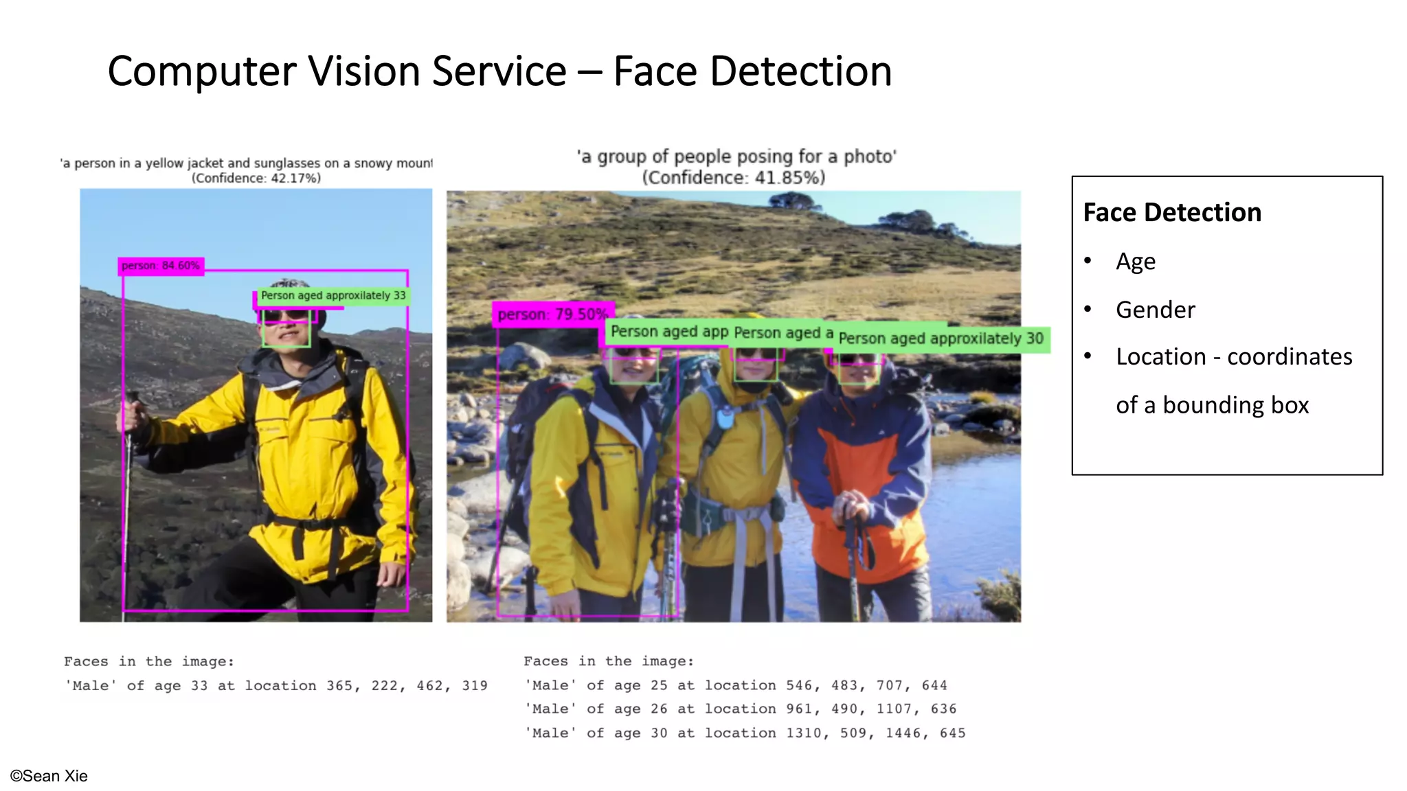 ©Sean Xie
Computer Vision Service – Face Detection
Face Detection
• Age
• Gender
• Location - coordinates
of a bounding box
 