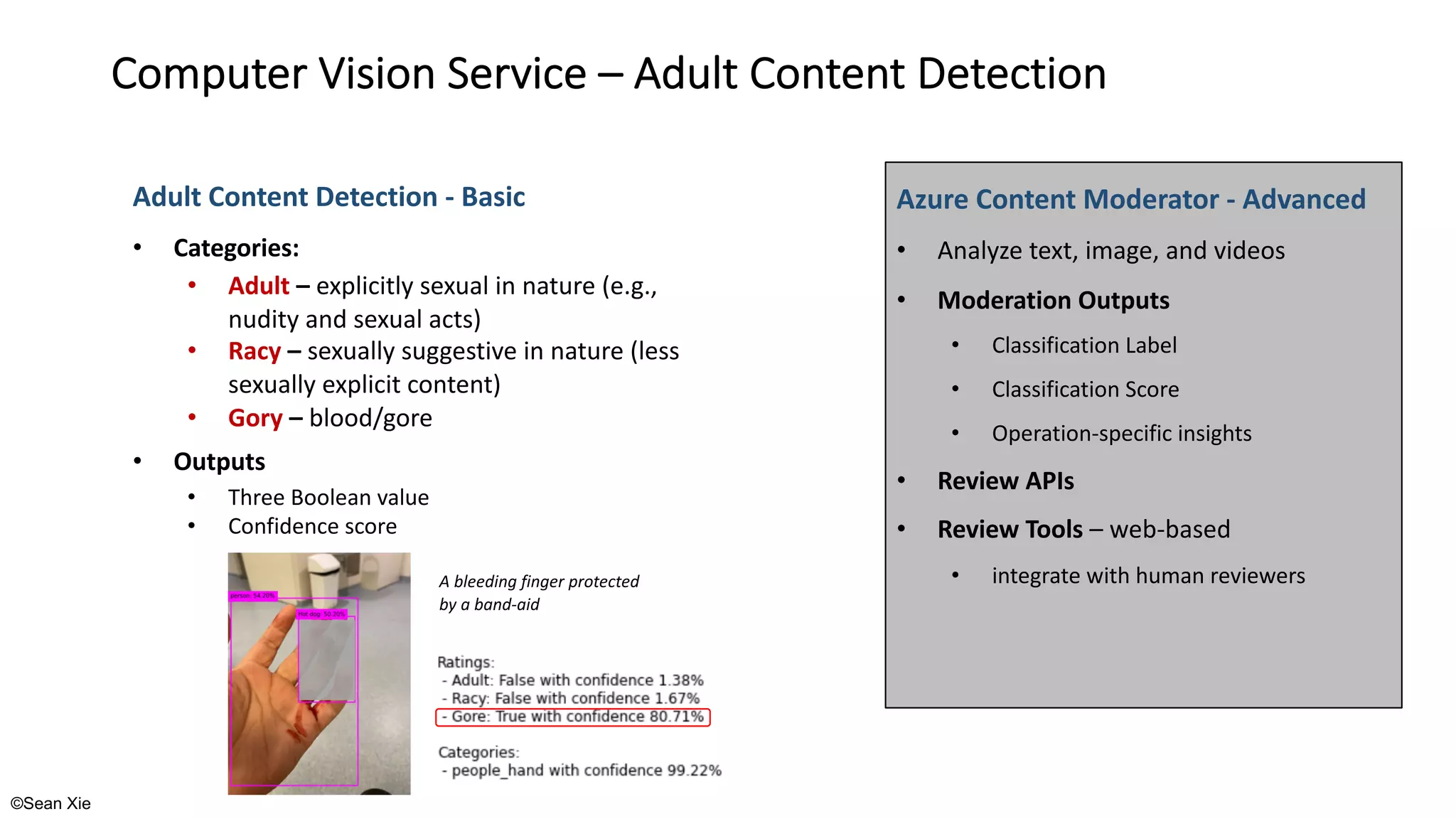©Sean Xie
Computer Vision Service – Adult Content Detection
Adult Content Detection - Basic
• Categories:
• Adult – explicitly sexual in nature (e.g.,
nudity and sexual acts)
• Racy – sexually suggestive in nature (less
sexually explicit content)
• Gory – blood/gore
• Outputs
• Three Boolean value
• Confidence score
Azure Content Moderator - Advanced
• Analyze text, image, and videos
• Moderation Outputs
• Classification Label
• Classification Score
• Operation-specific insights
• Review APIs
• Review Tools – web-based
• integrate with human reviewers
A bleeding finger protected
by a band-aid
 