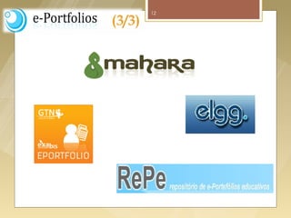 12

                              (3/3)

   Exemplos:
       Mahara
       RePe
       Exabis E-Portefólio
       Elgg
 
