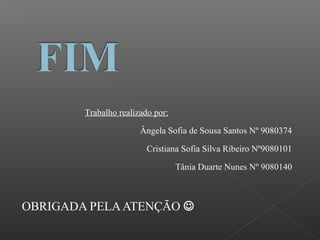 OBRIGADA PELAATENÇÃO 
Trabalho realizado por:
Ângela Sofia de Sousa Santos Nº 9080374
Cristiana Sofia Silva Ribeiro Nº9080101
Tânia Duarte Nunes Nº 9080140
 