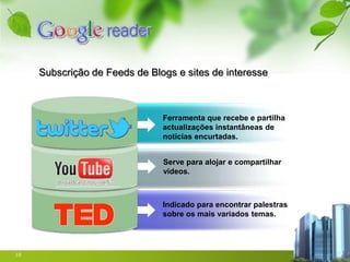 Subscrição de Feeds de Blogs e sites de interesse



                               Ferramenta que recebe e partilha
                               actualizações instantâneas de
                               notícias encurtadas.


                               Serve para alojar e compartilhar
                               vídeos.



                               Indicado para encontrar palestras
                               sobre os mais variados temas.




10
 