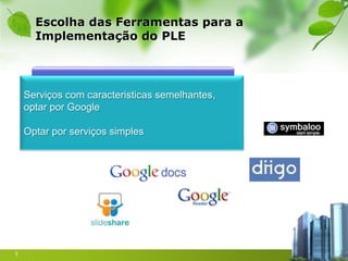 Escolha das Ferramentas para a
      Implementação do PLE




    Serviços com caracteristicas semelhantes,
    optar por Google

    Optar por serviços simples




5
 