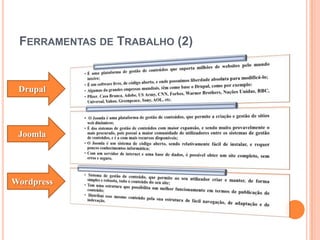 FERRAMENTAS DE TRABALHO (2)

Drupal

Joomla

Wordpress

 