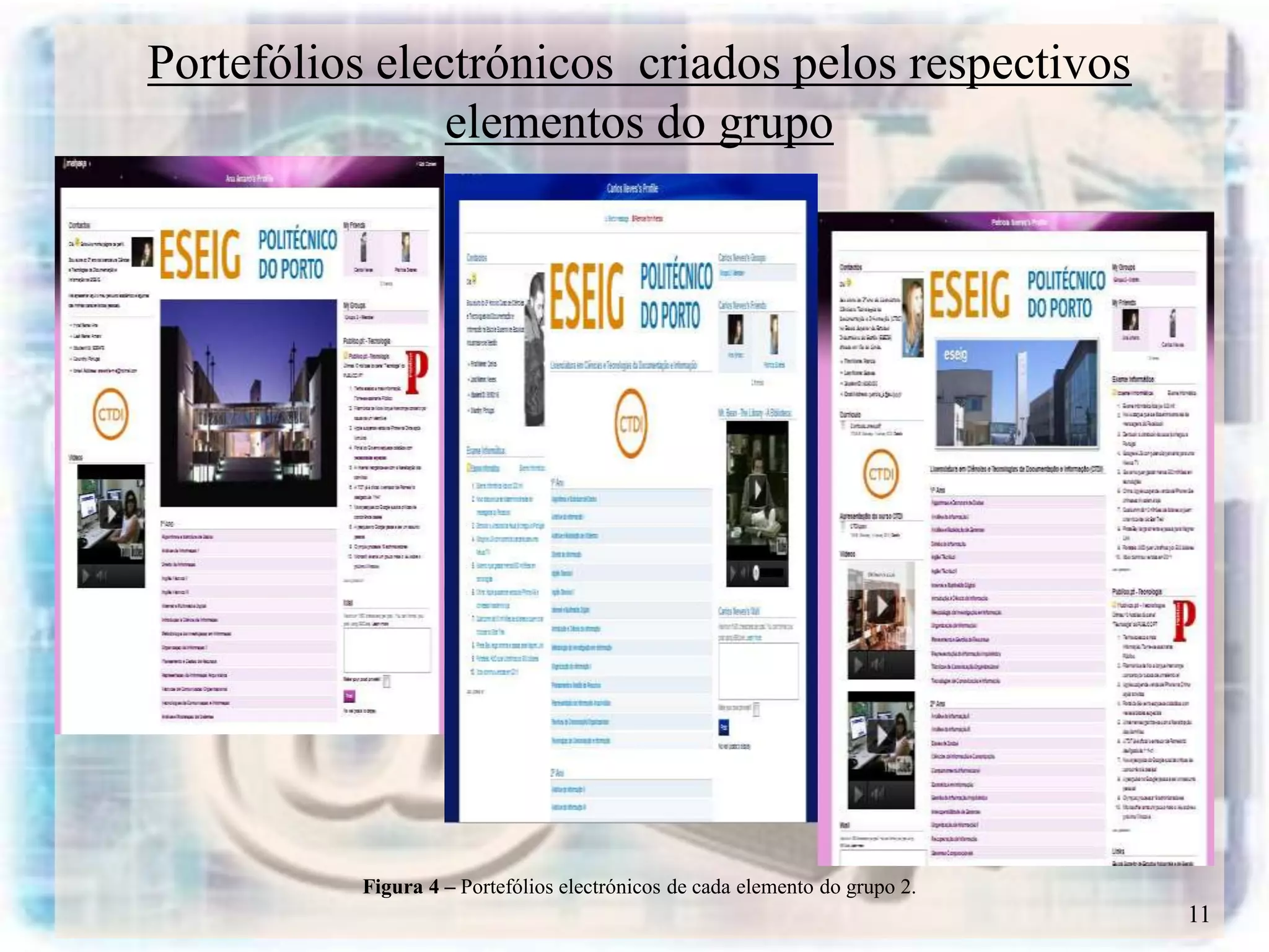 Portefólios electrónicos criados pelos respectivos
                elementos do grupo




          Figura 4 – Portefólios electrónicos de cada elemento do grupo 2.
                                                                             11
 