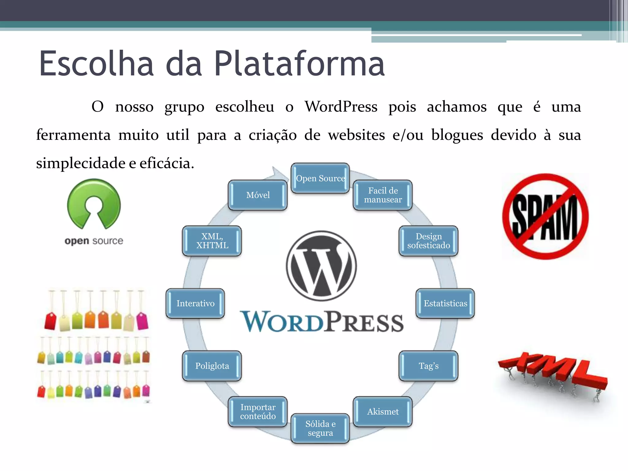 Escolha da Plataforma
O nosso grupo escolheu o WordPress pois achamos que é uma
ferramenta muito util para a criação de websites e/ou blogues devido à sua
simplecidade e eficácia.
Open Source
Facil de
manusear

Móvel

XML,
XHTML

Design
sofesticado

Interativo

Estatisticas

Poliglota

Tag’s

Importar
conteúdo

Akismet
Sólida e
segura

 