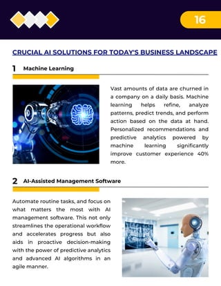 Vast amounts of data are churned in
a company on a daily basis. Machine
learning helps refine, analyze
patterns, predict trends, and perform
action based on the data at hand.
Personalized recommendations and
predictive analytics powered by
machine learning significantly
improve customer experience 40%
more.
Machine Learning
1
16
CRUCIAL AI SOLUTIONS FOR TODAY'S BUSINESS LANDSCAPE
Automate routine tasks, and focus on
what matters the most with AI
management software. This not only
streamlines the operational workflow
and accelerates progress but also
aids in proactive decision-making
with the power of predictive analytics
and advanced AI algorithms in an
agile manner.
AI-Assisted Management Software
2
 