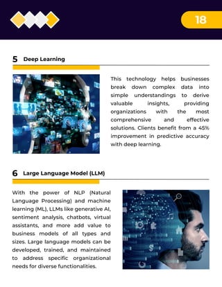 18
This technology helps businesses
break down complex data into
simple understandings to derive
valuable insights, providing
organizations with the most
comprehensive and effective
solutions. Clients benefit from a 45%
improvement in predictive accuracy
with deep learning.
Deep Learning
5
With the power of NLP (Natural
Language Processing) and machine
learning (ML), LLMs like generative AI,
sentiment analysis, chatbots, virtual
assistants, and more add value to
business models of all types and
sizes. Large language models can be
developed, trained, and maintained
to address specific organizational
needs for diverse functionalities.
Large Language Model (LLM)
6
 