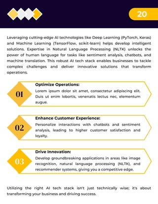 20
Leveraging cutting-edge AI technologies like Deep Learning (PyTorch, Keras)
and Machine Learning (TensorFlow, scikit-learn) helps develop intelligent
solutions. Expertise in Natural Language Processing (NLTK) unlocks the
power of human language for tasks like sentiment analysis, chatbots, and
machine translation. This robust AI tech stack enables businesses to tackle
complex challenges and deliver innovative solutions that transform
operations.
01
Optimize Operations:
Lorem ipsum dolor sit amet, consectetur adipiscing elit.
Duis ut enim lobortis, venenatis lectus nec, elementum
augue.
02
Enhance Customer Experience:
Personalize interactions with chatbots and sentiment
analysis, leading to higher customer satisfaction and
loyalty.
03
Drive Innovation:
Develop groundbreaking applications in areas like image
recognition, natural language processing (NLTK), and
recommender systems, giving you a competitive edge.
Utilizing the right AI tech stack isn't just technically wise; it's about
transforming your business and driving success.
 
