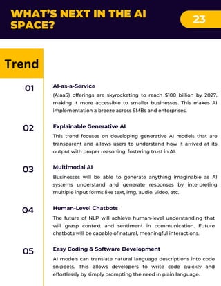 WHAT’S NEXT IN THE AI
SPACE?
23
AI-as-a-Service
01
(AIaaS) offerings are skyrocketing to reach $100 billion by 2027,
making it more accessible to smaller businesses. This makes AI
implementation a breeze across SMBs and enterprises.
Explainable Generative AI
02
This trend focuses on developing generative AI models that are
transparent and allows users to understand how it arrived at its
output with proper reasoning, fostering trust in AI.
Multimodal AI
03
Businesses will be able to generate anything imaginable as AI
systems understand and generate responses by interpreting
multiple input forms like text, img, audio, video, etc.
Human-Level Chatbots
04
The future of NLP will achieve human-level understanding that
will grasp context and sentiment in communication. Future
chatbots will be capable of natural, meaningful interactions.
Easy Coding & Software Development
05
AI models can translate natural language descriptions into code
snippets. This allows developers to write code quickly and
effortlessly by simply prompting the need in plain language.
Trend
 