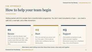 T H E A P P R O A C H
How to help your team begin
Getting started with AI is simpler than a transformation programme. You don’t need consultants or hype — you need a
safe tool, a real task, and a little momentum.
01
Secure
Start on tools that already meet
your security and data rules — like
Copilot inside Microsoft 365. Safe
by default beats impressive but
risky.
›
02
Start
Pick one real task per person and
try it this week. A first small win
builds more confidence than any
training deck.
›
03
Support
Give people somewhere to ask,
share and learn together.
Momentum comes from a feedback
loop, not a one-off session.
Most teams need nothing more than these three moves, done early and together.
Framework from Paul Bensley | www.paulbensley.co.uk 14
Framework from Paul Bensley | www.paulbensley.co.uk
 