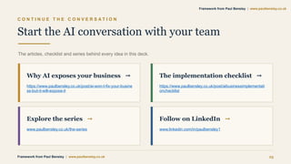C O N T I N U E T H E C O N V E R S A T I O N
Start the AI conversation with your team
The articles, checklist and series behind every idea in this deck.
Why AI exposes your business →
https://www.paulbensley.co.uk/post/ai-won-t-fix-your-busine
ss-but-it-will-expose-it
The implementation checklist →
https://www.paulbensley.co.uk/post/aibusinessimplementati
onchecklist
Explore the series →
www.paulbensley.co.uk/the-series
Follow on LinkedIn →
www.linkedin.com/in/paulbensley1
Framework from Paul Bensley | www.paulbensley.co.uk 25
Framework from Paul Bensley | www.paulbensley.co.uk
 