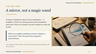 T H E B I G I D E A
A mirror, not a magic wand
AI doesn’t change the nature of your organisation — it
amplifies it. Point it at a strong process and it accelerates
good work. Point it at a broken one and it scales the mess just
as fast.
When you amplify something, you don’t change it —
you reveal it. That’s the part most companies
underestimate.
The danger isn’t that AI fails. It’s that it succeeds at the wrong thing. Fix
the work first.
Framework from Paul Bensley | www.paulbensley.co.uk 04
Framework from Paul Bensley | www.paulbensley.co.uk
 