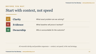 B E F O R E Y O U B U Y
Start with context, not speed
C Clarity What exact problem are we solving?
E Evidence What baseline will prove it worked?
O Ownership Who is accountable for the outcome?
AI rewards clarity and punishes vagueness — context, not speed, is the real strategy.
Framework from Paul Bensley | www.paulbensley.co.uk 07
Framework from Paul Bensley | www.paulbensley.co.uk
 