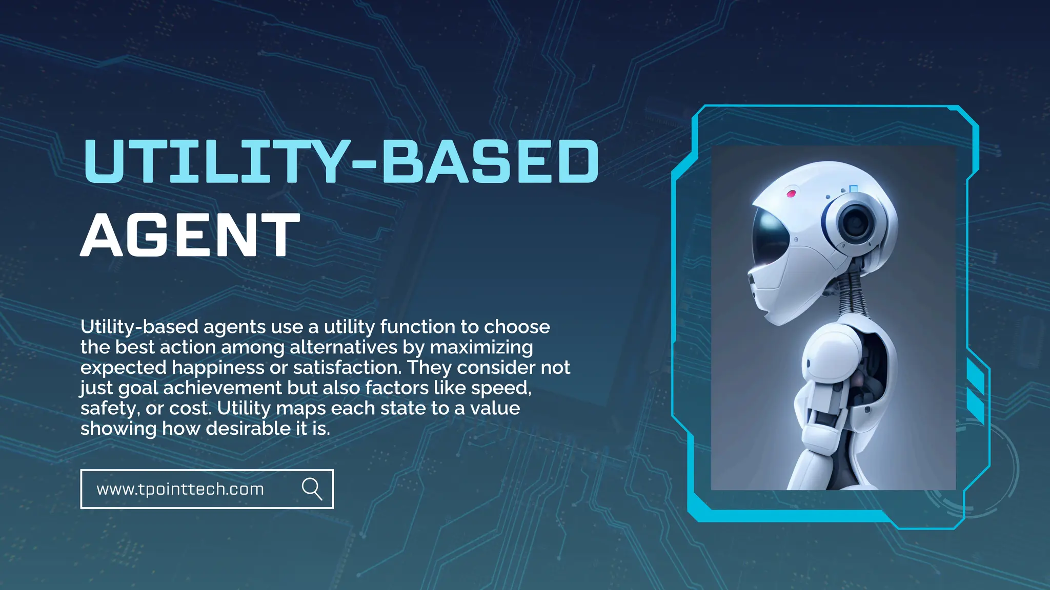 AGENT
UTILITY-BASED
Utility-based agents use a utility function to choose
the best action among alternatives by maximizing
expected happiness or satisfaction. They consider not
just goal achievement but also factors like speed,
safety, or cost. Utility maps each state to a value
showing how desirable it is.
www.tpointtech.com
 