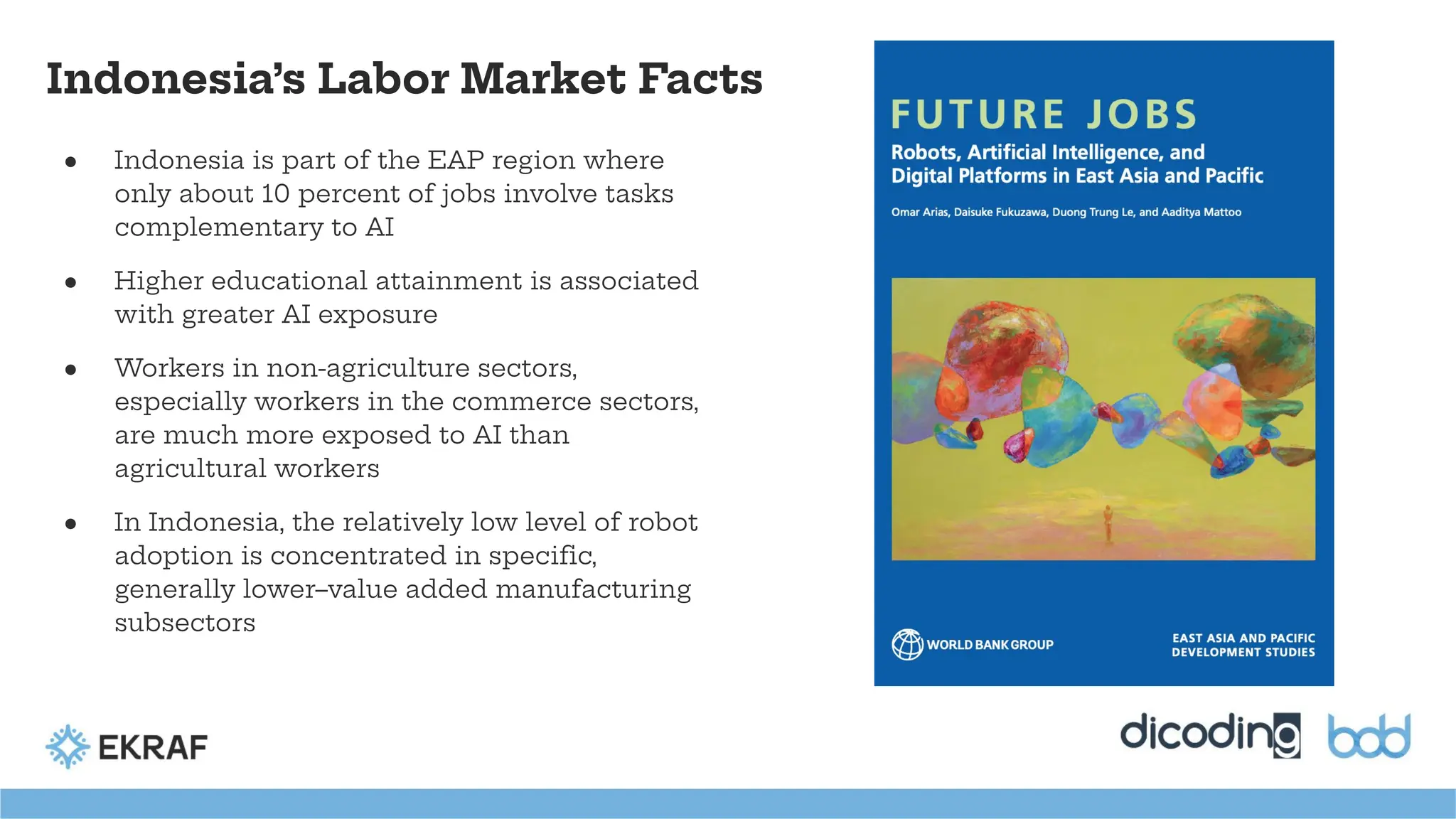 Indonesia’s Labor Market Facts
● Indonesia is part of the EAP region where
only about 10 percent of jobs involve tasks
complementary to AI
● Higher educational attainment is associated
with greater AI exposure
● Workers in non-agriculture sectors,
especially workers in the commerce sectors,
are much more exposed to AI than
agricultural workers
● In Indonesia, the relatively low level of robot
adoption is concentrated in speciﬁc,
generally lower–value added manufacturing
subsectors
 