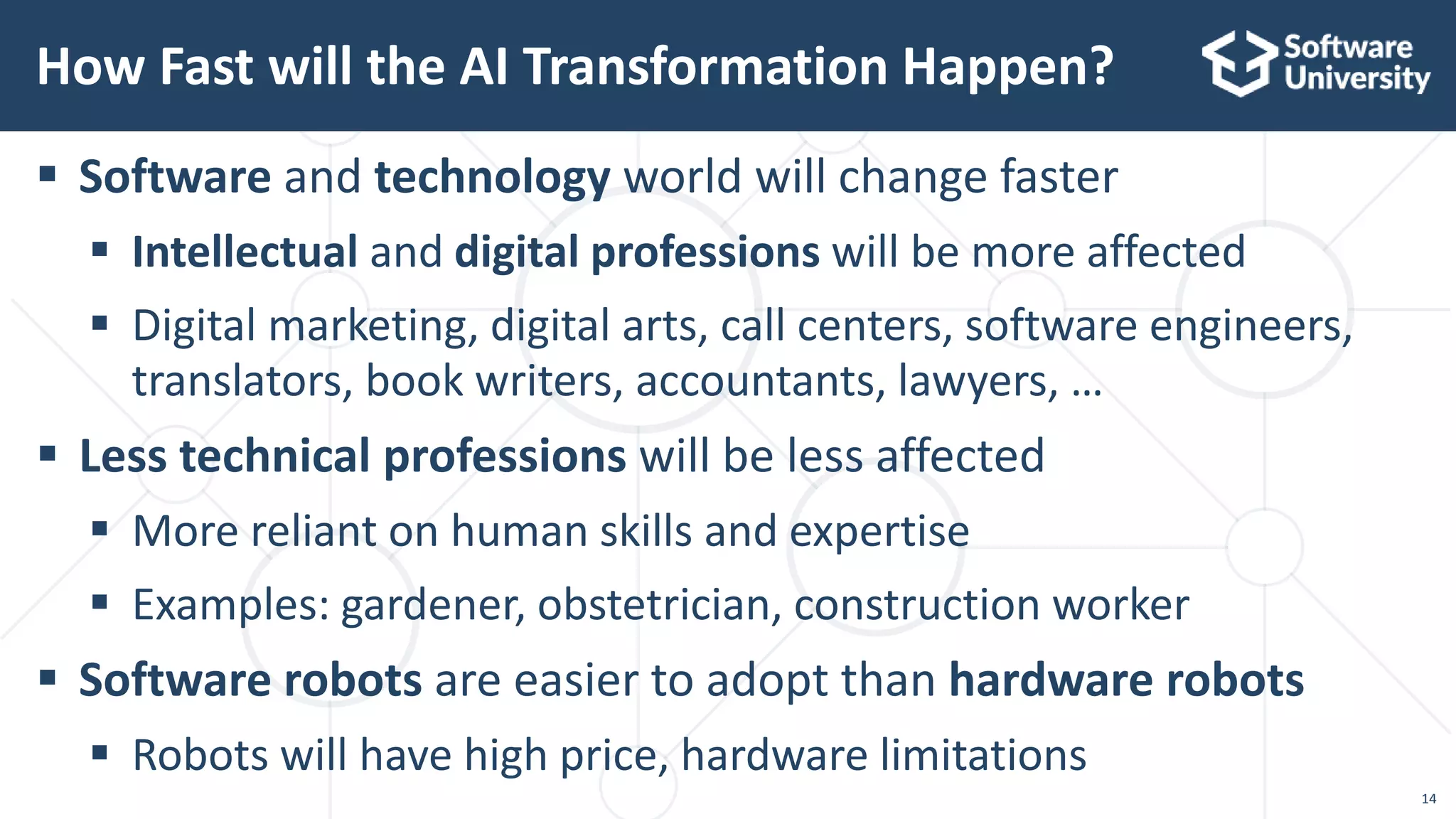 14
 Software and technology world will change faster
 Intellectual and digital professions will be more affected
 Digital marketing, digital arts, call centers, software engineers,
translators, book writers, accountants, lawyers, …
 Less technical professions will be less affected
 More reliant on human skills and expertise
 Examples: gardener, obstetrician, construction worker
 Software robots are easier to adopt than hardware robots
 Robots will have high price, hardware limitations
How Fast will the AI Transformation Happen?
 