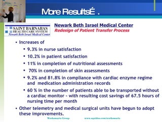More Results….  Newark Beth Israel Medical Center   Redesign of Patient Transfer Process <ul><li>Increases of </li></ul><u...
