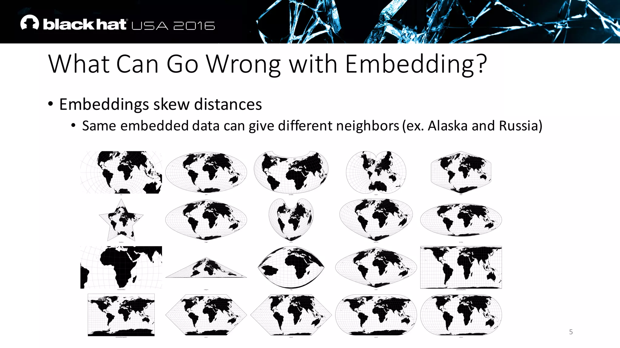 What	Can	Go	Wrong	with	Embedding?
• Embeddings skew	distances
• Same	embedded	data	can	give	different	neighbors	(ex.	Alaska	and	Russia)
5
 