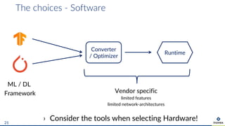 The choices - Software
21
Converter
/ Optimizer
ML / DL
Framework
Runtime
› Consider the tools when selecting Hardware!
Vendor specific
limited features
limited network-architectures
 