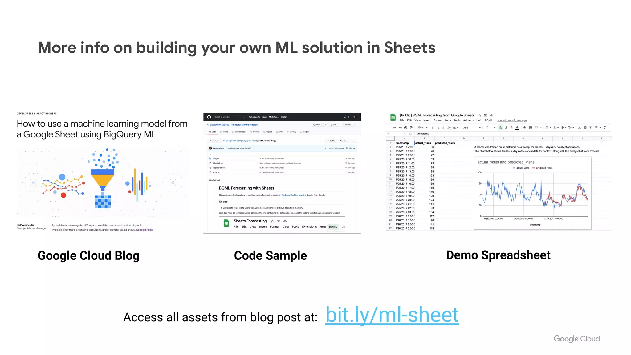 More info on building your own ML solution in Sheets
Google Cloud Blog Code Sample Demo Spreadsheet
bit.ly/ml-sheet
Access all assets from blog post at:
 