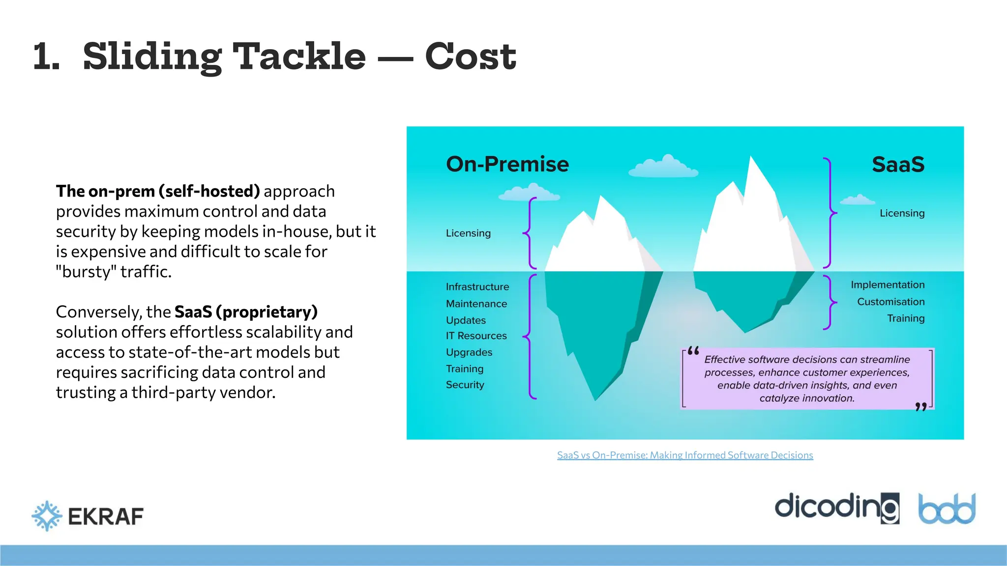 1. Sliding Tackle — Cost
SaaS vs On-Premise: Making Informed Software Decisions
The on-prem (self-hosted) approach
provides maximum control and data
security by keeping models in-house, but it
is expensive and difficult to scale for
"bursty" traffic.
Conversely, the SaaS (proprietary)
solution offers effortless scalability and
access to state-of-the-art models but
requires sacriﬁcing data control and
trusting a third-party vendor.
 