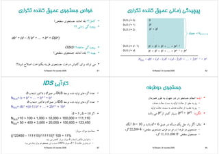 ‫ﺗﻜﺮاري‬ ‫ﻛﻨﻨﺪه‬ ‫ﻋﻤﻴﻖ‬ ‫ﺟﺴﺘﺠﻮي‬ ‫ﺧﻮاص‬‫ﺗﻜﺮاري‬ ‫ﻛﻨﻨﺪه‬ ‫ﻋﻤﻴﻖ‬ ‫ﺟﺴﺘﺠﻮي‬ ‫ﺧﻮاص‬‫ﺗﻜﺮاري‬ ‫ﻛﻨﻨﺪه‬ ‫ﻋﻤﻴﻖ‬ ‫ﺟﺴﺘﺠﻮي‬ ‫ﺧﻮاص‬‫ﺗﻜﺮاري‬ ‫ﻛﻨﻨﺪه‬ ‫ﻋﻤﻴﻖ‬ ‫ﺟﺴﺘﺠﻮي‬ ‫ﺧﻮاص‬
•‫ﻛﺎﻣﻞ؟؟‬‫ﺑﻠﻪ‬)‫ﻣﺎﻧﻨﺪ‬‫ﺟﺴﺘﺠﻮي‬‫ﺳﻄﺤﻲ‬(
•‫ﺪﮔ‬‫ﺎﻧ‬ ‫ز‬‫؟؟‬ •‫ﭘﻴﭽﻴﺪﮔﻲ‬‫زﻣﺎﻧﻲ‬‫؟؟‬
db1 + (d – 1) b2 + … + bd = O(bd)
•‫ﭘﻴﭽﻴﺪﮔﻲ‬‫ﺣﺎﻓﻈﻪ؟؟‬O(bd)
•‫ﺑﻬﻴﻨﻪ‬‫؟؟‬،‫ﺑﻠﻪ‬)‫ﻣﺎﻧﻨﺪ‬‫ﺟﺴﺘﺠﻮي‬‫ﺳﻄﺤﻲ‬(
•‫ﻣﻲ‬‫ﺗﻮاﻧﺪ‬‫ﺑﺮاي‬‫ﻛﺎوش‬‫درﺧﺖ‬‫ﺟﺴﺘﺠﻮي‬‫ﻫﺰﻳﻨﻪ‬‫ﻳﻜﻨﻮاﺧﺖ‬‫اﺻﻼح‬‫ﺷﻮد‬!!!
N.Razavi- AI course-2005 61
‫ﺗﻜﺮاري‬ ‫ﻛﻨﻨﺪه‬ ‫ﻋﻤﻴﻖ‬ ‫زﻣﺎﻧ‬ ‫ﭘﻴﭽﻴﺪﮔ‬‫ﺗﻜﺮاري‬ ‫ﻛﻨﻨﺪه‬ ‫ﻋﻤﻴﻖ‬ ‫زﻣﺎﻧ‬ ‫ﭘﻴﭽﻴﺪﮔ‬‫ﺗﻜﺮاري‬ ‫ﻛﻨﻨﺪه‬ ‫ﻋﻤﻴﻖ‬ ‫زﻣﺎﻧﻲ‬ ‫ﭘﻴﭽﻴﺪﮔﻲ‬‫ﺗﻜﺮاري‬ ‫ﻛﻨﻨﺪه‬ ‫ﻋﻤﻴﻖ‬ ‫زﻣﺎﻧﻲ‬ ‫ﭘﻴﭽﻴﺪﮔﻲ‬
0DLS (l = 0)
b1DLS (l = 1)
‫ﺳﺮﺑﺎر‬ ≤ NDLS (l = d)
b1 + b2
DLS (l = 2)
‫ر‬ ‫ﺮﺑ‬ DLS (l d)
.
.
.
.
.
.
b1 + b2 + b3 + … + bd – 1DLS (l = d - 1)
b1 + b2 + b3 + + bd – 1 + bdDLS (l = d)
N = db1 + (d 1)b2 + (d 2)b3 + + 2bd – 1 + bd
b1 + b2 + b3 + … + bd 1 + bdDLS (l d)
NIDS = db1 + (d – 1)b2 + (d – 2)b3 + … + 2bd 1 + bd
N.Razavi- AI course-2005 62
‫ﻛﺎرآﻳﻲ‬IDS ‫ﻛﺎرآﻳﻲ‬IDS
•‫ﺗﻌﺪاد‬‫ﮔﺮه‬‫ﻫﺎي‬‫ﺗﻮﻟﻴﺪ‬‫ﺷﺪه‬‫ﺗﻮﺳﻂ‬DLS‫در‬‫ﻋﻤﻖ‬d‫ﺑﺎ‬‫ﻓﺎﻛﺘﻮر‬‫اﻧﺸﻌﺎب‬b: ‫ﺮ‬‫ﻴ‬ ‫ﻮ‬‫ﻮ‬‫ﻖ‬‫ﺑ‬‫ﻮ‬‫ب‬
NDLS= b + b2 + … + bd-1 + bd
•‫ﺗﻌﺪاد‬‫ﮔﺮه‬‫ﻫﺎي‬‫ﺗﻮﻟﻴﺪ‬‫ﺷﺪه‬‫ﺗﻮﺳﻂ‬IDS‫در‬‫ﻋﻤﻖ‬d‫ﺑﺎ‬‫ﻓﺎﻛﺘﻮر‬‫اﻧﺸﻌﺎب‬b: ‫ﺮ‬‫ي‬‫ﻴ‬ ‫ﻮ‬‫ﻮ‬‫ر‬‫ﻖ‬‫ﺑ‬‫ﻮر‬‫ب‬
NIDS= db1 +(d-1) b2 + … + 2bd-1 + 1bd
•‫اﮔﺮ‬b = 10‫و‬d = 5:
NDLS=10 + 100 + 1,000 + 10,000 + 100,000 = 111,110DLS , , , ,
NIDS= 50 + 400 + 3,000 + 20,000 + 100,000 = 123,450
•‫ﻣﺤﺎﺳﺒﻪ‬‫ﻣﻴﺰان‬‫ﺳﺮﺑﺎر‬:
((123450 – 111110)/111110)* 100 = 11%((123450 111110)/111110) 100 11%
–‫ﺑﺎ‬‫اﻓﺰاﻳﺶ‬‫ﻓﺎﻛﺘﻮر‬‫اﻧﺸﻌﺎب‬b‫ﻣﻴﺰان‬‫ﺳﺮﺑﺎر‬‫ﻛﺎﻫﺶ‬‫ﻣﻲ‬‫ﻳﺎﺑﺪ‬.
–‫در‬‫ﺑﺪﺗﺮﻳﻦ‬‫ﺣﺎﻟﺖ‬b = 2،‫ﺳﺮﺑﺎر‬100%‫اﺳﺖ‬‫و‬‫اﻳﻦ‬‫ﺟﺴﺘﺠﻮ‬‫دو‬‫ﺑﺮاﺑﺮ‬‫زﻣﺎن‬‫ﻣﻲ‬‫ﺑﺮد‬.
N.Razavi- AI course-2005 63
‫ﺮﻳﻦ‬ ‫ﺑ‬‫ﺮﺑ‬‫ﻳﻦ‬‫ﻮ‬‫ﺑﺮ‬ ‫ﺑﺮ‬‫ﻲ‬‫ﺑﺮ‬
‫دوﻃﺮﻓﻪ‬ ‫ﺟﺴﺘﺠﻮي‬‫دوﻃﺮﻓﻪ‬ ‫ﺟﺴﺘﺠﻮي‬‫دوﻃﺮﻓﻪ‬ ‫ﺟﺴﺘﺠﻮي‬‫دوﻃﺮﻓﻪ‬ ‫ﺟﺴﺘﺠﻮي‬
•‫اﻳﺪه‬:‫اﻧﺠﺎم‬‫ﺟﺴﺘﺠﻮ‬‫در‬‫دو‬‫ﺟﻬﺖ‬‫ﺑﻪ‬‫ﻃﻮر‬‫ﻫﻤﺰﻣﺎن‬
–‫و‬‫ﻪ‬‫ﺟﻠ‬:‫از‬‫ﺣﺎﻟﺖ‬‫ﻪ‬ ‫اوﻟ‬‫ﻪ‬‫ﺖ‬‫ﺣﺎﻟﺖ‬‫ﻫﺪف‬ –‫رو‬‫ﺑﻪ‬‫ﺟﻠﻮ‬:‫از‬‫ﺣﺎﻟﺖ‬‫اوﻟﻴﻪ‬‫ﺑﻪ‬‫ﺳﻤﺖ‬‫ﺣﺎﻟﺖ‬‫ﻫﺪف‬
–‫رو‬‫ﺑﻪ‬‫ﻋﻘﺐ‬:‫از‬‫ﺣﺎﻟﺖ‬‫ﻫﺪف‬‫ﺑﻪ‬‫ﺳﻤﺖ‬‫ﺣﺎﻟﺖ‬‫اوﻟﻴﻪ‬
‫ﮕ‬ •‫اﻧﮕﻴﺰه‬:bd/2 + bd/2‫ﺑﺴﻴﺎر‬‫ﻛﻤﺘﺮ‬‫از‬bd‫ﻣﻲ‬‫ﺑﺎﺷﺪ‬
•‫ﻣﺜﺎل‬:‫اﮔﺮ‬‫راه‬‫ﺣﻞ‬‫ﻳﻚ‬‫ﻣﺴﺄﻟﻪ‬‫در‬‫ﻋﻤﻖ‬d = 6‫ﺑﺎﺷﺪ‬‫و‬b = 10‫آﻧﮕﺎه‬
–‫ﺟﺴﺘﺠﻮي‬‫دو‬‫ﻃﺮﻓﻪ‬)‫در‬‫ﻫﺮ‬‫دو‬‫ﻃﺮف‬‫ﺟﺴﺘﺠﻮي‬‫ﺳﻄﺤﻲ‬(22,200‫ﮔﺮه‬
–‫ﺟﺴﺘﺠﻮي‬‫ﺳﻄﺤﻲ‬11,111,000‫ﮔﺮه‬
N.Razavi- AI course-2005 64
 