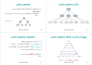 ‫ﺳﻄﺤ‬ ‫ﺟﺴﺘﺠﻮي‬‫ﺳﻄﺤ‬ ‫ﺟﺴﺘﺠﻮي‬‫ﺳﻄﺤﻲ‬ ‫ﺟﺴﺘﺠﻮي‬‫ﺳﻄﺤﻲ‬ ‫ﺟﺴﺘﺠﻮي‬
•‫ﻫﺮﺑﺎر‬‫ﺳﻄﺤﻲ‬‫ﺗﺮﻳﻦ‬‫ﮔﺮه‬‫ﮔﺴﺘﺮش‬‫ﻧﻴﺎﻓﺘﻪ‬‫را‬‫ﮔﺴﺘﺮش‬‫ﻣﻲ‬‫دﻫﺪ‬.
•‫ﺎد‬‫ﺎزي‬: •‫ﭘﻴﺎده‬‫ﺳﺎزي‬:
–fringe‫ﻳﻚ‬‫ﺻﻒ‬FIFO‫ﻣﻲ‬‫ﺑﺎﺷﺪ‬.،‫ﻳﻌﻨﻲ‬‫ﻓﺮزﻧﺪان‬‫ﺟﺪﻳﺪ‬‫ﺑﻪ‬‫اﻧﺘﻬﺎي‬‫ﺻﻒ‬‫اﺿﺎﻓﻪ‬
‫ﻣﻲ‬‫ﺷﻮﻧﺪ‬.
3: [D, E, F, G]
N.Razavi- AI course-2005 29
‫ﻣﺜﺎل‬‫ﺳﻄﺤ‬ ‫ﺟﺴﺘﺠﻮي‬ ‫ﻣﺜﺎل‬‫ﺳﻄﺤ‬ ‫ﺟﺴﺘﺠﻮي‬ ‫ﻣﺜﺎل‬:‫ﺳﻄﺤﻲ‬ ‫ﺟﺴﺘﺠﻮي‬ ‫ﻣﺜﺎل‬:‫ﺳﻄﺤﻲ‬ ‫ﺟﺴﺘﺠﻮي‬
Arad
Zerind Sibiu Timisoara
Arad LugojArad Oradea Fagaras
Rimnicu
VilceaArad Oradea
N.Razavi- AI course-2005 30
‫ﺳﻄﺤ‬ ‫ﺟﺴﺘﺠﻮي‬ ‫ﺧﺼﻮﺻﻴﺎت‬‫ﺳﻄﺤ‬ ‫ﺟﺴﺘﺠﻮي‬ ‫ﺧﺼﻮﺻﻴﺎت‬‫ﺳﻄﺤﻲ‬ ‫ﺟﺴﺘﺠﻮي‬ ‫ﺧﺼﻮﺻﻴﺎت‬‫ﺳﻄﺤﻲ‬ ‫ﺟﺴﺘﺠﻮي‬ ‫ﺧﺼﻮﺻﻴﺎت‬
•‫ﻛﺎﻣﻞ؟‬
‫ﮔ‬
‫ﺑﻠﻪ‬)‫ﺑﻮدن‬ ‫ﻣﺤﺪود‬ ‫ﺷﺮط‬ ‫ﺑﻪ‬b(
•‫ﭘﻴﭽﻴﺪﮔﻲ‬‫زﻣﺎﻧﻲ؟‬
•‫ﺪﮔ‬ ‫ﭽ‬ ‫ﭘ‬‫ﺣﺎﻓﻈﻪ؟‬
b + b2 + … + bd + b(bd-1) = O( bd+1)
O(bd+1)‫دارد‬ ‫ﻣ‬ ‫ﻧﮕﻪ‬ ‫ﺣﺎﻓﻈﻪ‬ ‫در‬ ‫را‬ ‫ﻫﺎ‬ ‫ﮔﺮه‬ ‫ﻫﻤﻪ‬ ‫ﭼﻮن‬ ‫ﭘﻴﭽﻴﺪﮔﻲ‬‫ﺣﺎﻓﻈﻪ؟‬
•‫ﺑﻬﻴﻨﻪ؟‬‫ﺑﻠﻪ‬)‫ﻫﺰﻳﻨﻪ‬ ،‫ﻋﻤﻞ‬ ‫ﻫﺮ‬ ‫ﺑﺎزاء‬ ‫اﮔﺮ‬ ‫ﻣﺜﻼ‬=1(
O(b )‫دارد‬ ‫ﻣﻲ‬ ‫ﻧﮕﻪ‬ ‫ﺣﺎﻓﻈﻪ‬ ‫در‬ ‫را‬ ‫ﻫﺎ‬ ‫ﮔﺮه‬ ‫ﻫﻤﻪ‬ ‫ﭼﻮن‬
•‫ﻠ‬ ‫ا‬ ‫ﺸﻜﻞ‬‫ﺣﺎﻓﻈﻪ‬‫ﺎﺷﺪ‬)‫ﺖ‬ ‫ﻧ‬ •‫اﺻﻠﻲ‬ ‫ﻣﺸﻜﻞ‬‫ﺣﺎﻓﻈﻪ‬‫ﺑﺎﺷﺪ‬ ‫ﻣﻲ‬) .‫ﺑﻪ‬ ‫ﻧﺴﺒﺖ‬
‫زﻣﺎن‬(
N.Razavi- AI course-2005 31
‫ﺳﻄﺤ‬ ‫ﺟﺴﺘﺠﻮي‬ ‫ﺣﺎﻓﻈﻪ‬ ‫و‬ ‫زﻣﺎﻧ‬ ‫ﭘﻴﭽﻴﺪﮔ‬‫ﺳﻄﺤ‬ ‫ﺟﺴﺘﺠﻮي‬ ‫ﺣﺎﻓﻈﻪ‬ ‫و‬ ‫زﻣﺎﻧ‬ ‫ﭘﻴﭽﻴﺪﮔ‬‫ﺳﻄﺤﻲ‬ ‫ﺟﺴﺘﺠﻮي‬ ‫ﺣﺎﻓﻈﻪ‬ ‫و‬ ‫زﻣﺎﻧﻲ‬ ‫ﭘﻴﭽﻴﺪﮔﻲ‬‫ﺳﻄﺤﻲ‬ ‫ﺟﺴﺘﺠﻮي‬ ‫ﺣﺎﻓﻈﻪ‬ ‫و‬ ‫زﻣﺎﻧﻲ‬ ‫ﭘﻴﭽﻴﺪﮔﻲ‬
1 b11 b1
2 b2
3 b3
…
d - 1 bd - 1
d bdd b
…
d + 1 b(bd – 1)
b + b2 + … + bd + b(bd -1) = O(bd+1)
N.Razavi- AI course-2005 32
( ) ( )
 
