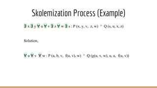 Skolemization Process (Example)
∃ x ∃ y ∀ u ∀ v ∃ z ∀ w ∃ s : P (x, y, v, z, w) ^ Q (s, u, x, z)
Solution,
∀ u ∀ v ∀ w : P (a, b, v, f(u, v), w) ^ Q (g(u, v, w), u, a, f(u, v))
 
