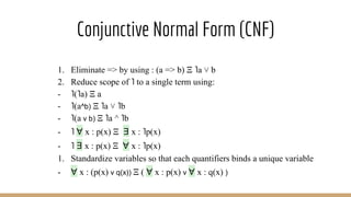Conjunctive Normal Form (CNF)
1. Eliminate => by using : (a => b) Ξ ˥a ˅ b
2. Reduce scope of ˥ to a single term using:
- ˥(˥a) Ξ a
- ˥(a^b) Ξ ˥a ˅ ˥b
- ˥(a v b) Ξ ˥a ^ ˥b
- ˥ ∀ x : p(x) Ξ ∃ x : ˥p(x)
- ˥ ∃ x : p(x) Ξ ∀ x : ˥p(x)
1. Standardize variables so that each quantifiers binds a unique variable
- ∀ x : (p(x) v q(x)) Ξ ( ∀ x : p(x) v ∀ x : q(x) )
 