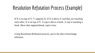 Resolution Refutation Process (Example)
If X is on top of Y, Y supports X. If X is above Y and they are touching
each other, X is on top of Y. A cup is above a book. A cup is touching a
book. Show that supports(book, cup) is true.
Using Resolution Refutation process, prove the above knowledge
inference.
 
