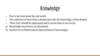 Knowledge
- Fact is the truth about the real world
- The collection of facts from a domain provides the knowledge of that domain
- These facts should be represented and it can be done at two levels:
a) Knowledge level (Facts are described)
b) Symbol level (Mathematical representation of knowledge)
 