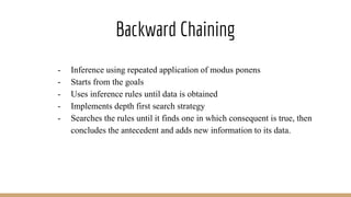 Backward Chaining
- Inference using repeated application of modus ponens
- Starts from the goals
- Uses inference rules until data is obtained
- Implements depth first search strategy
- Searches the rules until it finds one in which consequent is true, then
concludes the antecedent and adds new information to its data.
 