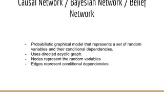 Causal Network / Bayesian Network / Belief
Network
- Probabilistic graphical model that represents a set of random
variables and their conditional dependencies.
- Uses directed acyclic graph.
- Nodes represent the random variables
- Edges represent conditional dependencies
 