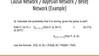 Causal Network / Bayesian Network / Belief
Network (Example)
Q. Calculate the probability that it is raining, given the grass is wet?
P(R=T | G=T) = Σ(S = {T, F})P(G=T, S, R=T) = 35.77%
(0.3577)
Σ(S,R = {T, F})P(G=T, S, R)
Use the formula : P(G, S, R) = P(G|S, R) * P(S|R) * P(R)
 