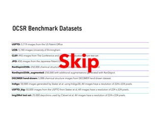 USPTO: 5,719 images from the US Patent Office
UOB: 5,740 images University of Birmingham
CLEF: 992 images from The Conference and Labs of the Evaluation Forum test set
JPO: 450 images from the Japanese Patent Office
RanDepict250k: 250,000 chemical structure depictions generated with RanDepict
RanDepict250k_augmented: 250,000 with additional augmentations generated with RanDepict.
DECIMER hand-drawn: 5,088 chemical structure images from DECIMER hand-drawn dataset.
Indigo: 50,000 images generated by Staker et al. using Indigo30, All images have a resolution of 224 x 224 pixels.
USPTO_big: 50,000 images from the USPTO from Staker et al, All images have a resolution of 224 x 224 pixels.
Img2Mol test set: 25,000 depictions used by Clévert et al. All images have a resolution of 224 x 224 pixels.
OCSR Benchmark Datasets
Skip
 