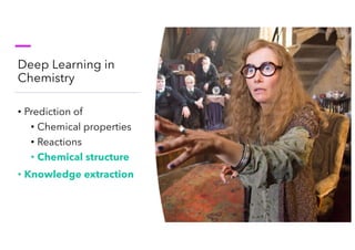 Deep Learning in
Chemistry
• Prediction of
• Chemical properties
• Reactions
• Chemical structure
• Knowledge extraction
 