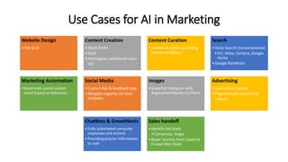 Use Cases for AI in Marketing
Website Design
•The Grid
Content Creation
•Word Smith
•Quill
•Hemingway (additional clean
up)
Content Curation
•Amazon & Netflix providing
Recommendation
Search
•Voice Search (Conversational)
•Siri, Alexa, Cortana, Google
Home
•Google RankBrain
Marketing Automation
•Boomtrain (send custom
email based on behavior)
Social Media
•Custom Ads & feedback loop
•Mitigate negative UX from
clickbaits
Images
•Snapchat Instrgram with
Augmented Reality via filters
Advertising
•Automated bidding
•Programmatic advertising
•Albert
ChatBots & Growthbots
•Fully automated computer
responses and actions
•Providing precise information
to user
Sales handoff
•Identify hot leads
•Conversica- Angie
•Buyer Journey from Leads to
Closed Won Deals
 