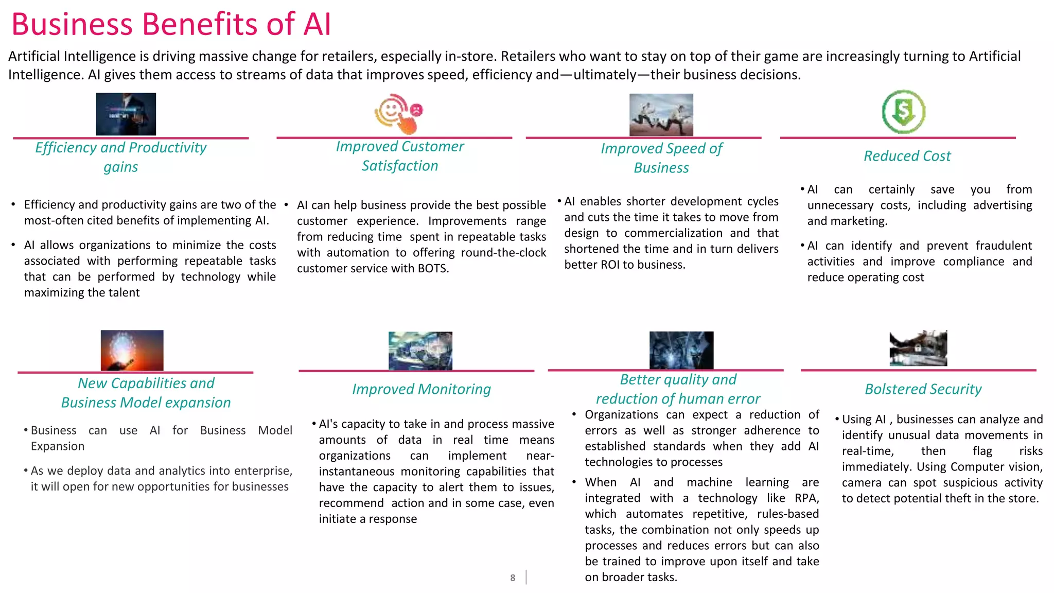 8
Business Benefits of AI
Artificial Intelligence is driving massive change for retailers, especially in-store. Retailers who want to stay on top of their game are increasingly turning to Artificial
Intelligence. AI gives them access to streams of data that improves speed, efficiency and—ultimately—their business decisions.
Efficiency and Productivity
gains
Improved Customer
Satisfaction
Improved Speed of
Business
Reduced Cost
• Efficiency and productivity gains are two of the
most-often cited benefits of implementing AI.
• AI allows organizations to minimize the costs
associated with performing repeatable tasks
that can be performed by technology while
maximizing the talent
• AI can help business provide the best possible
customer experience. Improvements range
from reducing time spent in repeatable tasks
with automation to offering round-the-clock
customer service with BOTS.
• AI enables shorter development cycles
and cuts the time it takes to move from
design to commercialization and that
shortened the time and in turn delivers
better ROI to business.
• AI can certainly save you from
unnecessary costs, including advertising
and marketing.
• AI can identify and prevent fraudulent
activities and improve compliance and
reduce operating cost
New Capabilities and
Business Model expansion
Improved Monitoring
Better quality and
reduction of human error
Bolstered Security
• Business can use AI for Business Model
Expansion
• As we deploy data and analytics into enterprise,
it will open for new opportunities for businesses
• AI's capacity to take in and process massive
amounts of data in real time means
organizations can implement near-
instantaneous monitoring capabilities that
have the capacity to alert them to issues,
recommend action and in some case, even
initiate a response
• Organizations can expect a reduction of
errors as well as stronger adherence to
established standards when they add AI
technologies to processes
• When AI and machine learning are
integrated with a technology like RPA,
which automates repetitive, rules-based
tasks, the combination not only speeds up
processes and reduces errors but can also
be trained to improve upon itself and take
on broader tasks.
• Using AI , businesses can analyze and
identify unusual data movements in
real-time, then flag risks
immediately. Using Computer vision,
camera can spot suspicious activity
to detect potential theft in the store.
 