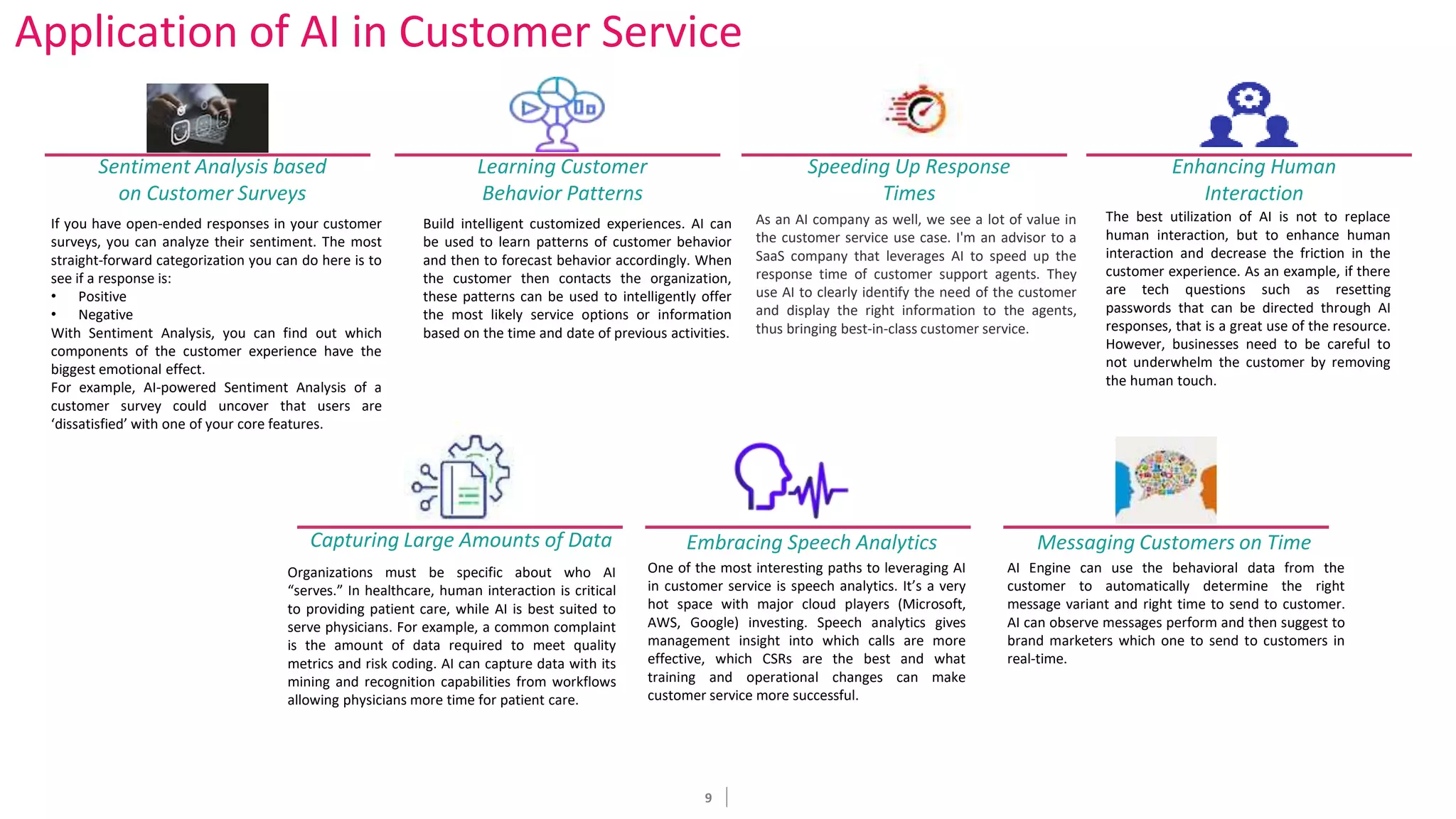 9
Application of AI in Customer Service
Sentiment Analysis based
on Customer Surveys
Learning Customer
Behavior Patterns
Speeding Up Response
Times
Enhancing Human
Interaction
Embracing Speech Analytics
Capturing Large Amounts of Data Messaging Customers on Time
If you have open-ended responses in your customer
surveys, you can analyze their sentiment. The most
straight-forward categorization you can do here is to
see if a response is:
• Positive
• Negative
With Sentiment Analysis, you can find out which
components of the customer experience have the
biggest emotional effect.
For example, AI-powered Sentiment Analysis of a
customer survey could uncover that users are
‘dissatisfied’ with one of your core features.
Build intelligent customized experiences. AI can
be used to learn patterns of customer behavior
and then to forecast behavior accordingly. When
the customer then contacts the organization,
these patterns can be used to intelligently offer
the most likely service options or information
based on the time and date of previous activities.
The best utilization of AI is not to replace
human interaction, but to enhance human
interaction and decrease the friction in the
customer experience. As an example, if there
are tech questions such as resetting
passwords that can be directed through AI
responses, that is a great use of the resource.
However, businesses need to be careful to
not underwhelm the customer by removing
the human touch.
As an AI company as well, we see a lot of value in
the customer service use case. I'm an advisor to a
SaaS company that leverages AI to speed up the
response time of customer support agents. They
use AI to clearly identify the need of the customer
and display the right information to the agents,
thus bringing best-in-class customer service.
Organizations must be specific about who AI
“serves.” In healthcare, human interaction is critical
to providing patient care, while AI is best suited to
serve physicians. For example, a common complaint
is the amount of data required to meet quality
metrics and risk coding. AI can capture data with its
mining and recognition capabilities from workflows
allowing physicians more time for patient care.
One of the most interesting paths to leveraging AI
in customer service is speech analytics. It’s a very
hot space with major cloud players (Microsoft,
AWS, Google) investing. Speech analytics gives
management insight into which calls are more
effective, which CSRs are the best and what
training and operational changes can make
customer service more successful.
AI Engine can use the behavioral data from the
customer to automatically determine the right
message variant and right time to send to customer.
AI can observe messages perform and then suggest to
brand marketers which one to send to customers in
real-time.
 