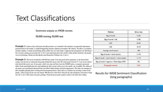 Text Classifications
January 5, 2017 43
Results for IMDB Sentiment Classiﬁcation
(long paragraphs)
 